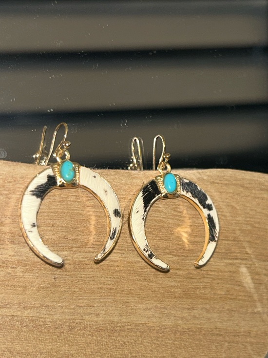 Jewelry - Turquoise & Cow Print Golden Crescent Earrings